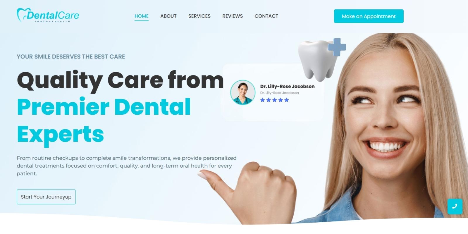 Modern dental clinic website design featuring appointment booking, dental services, patient reviews, and healthcare branding.