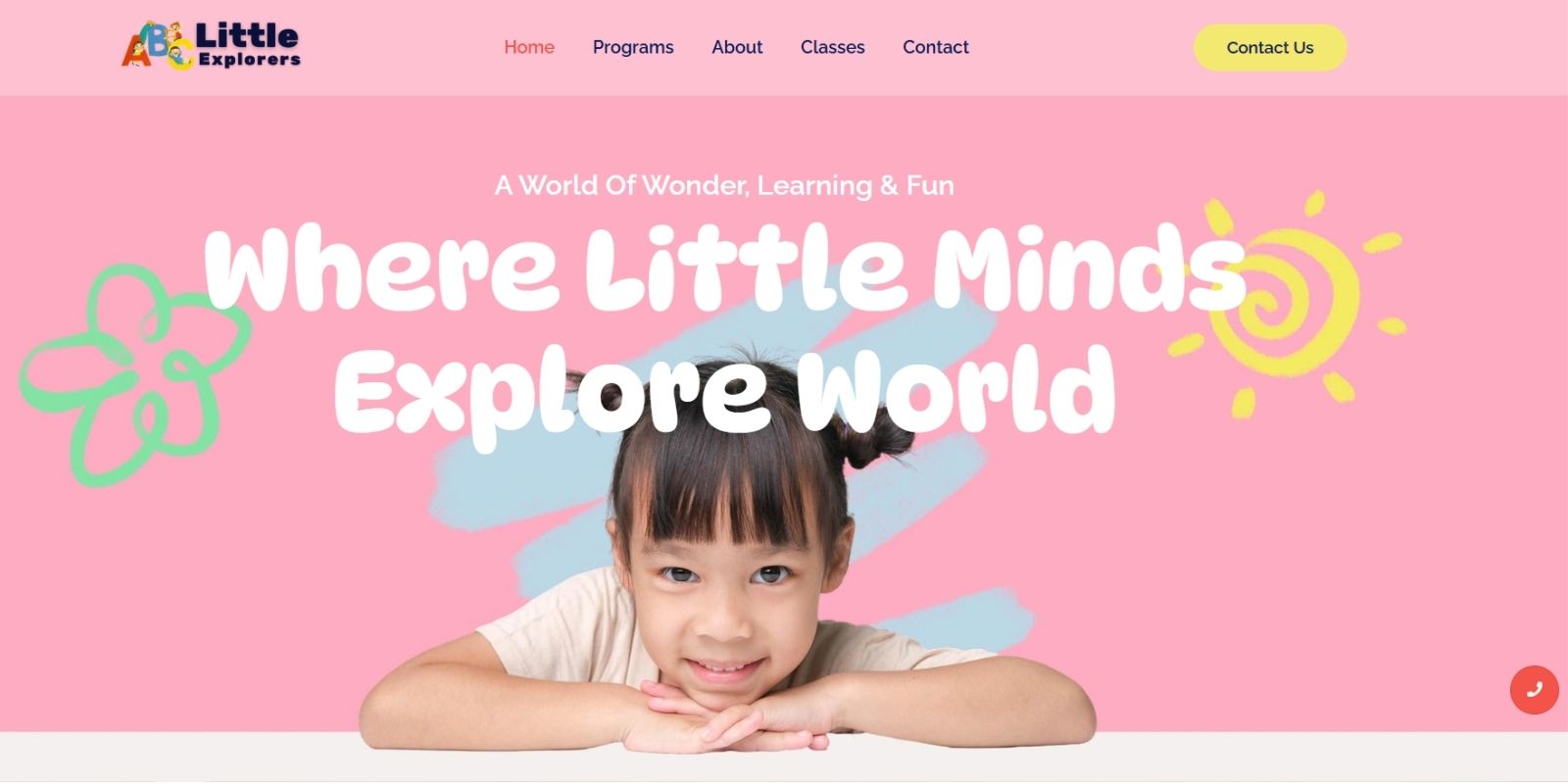 Modern preschool and daycare website design featuring child-friendly branding, learning programs, and parent engagement.