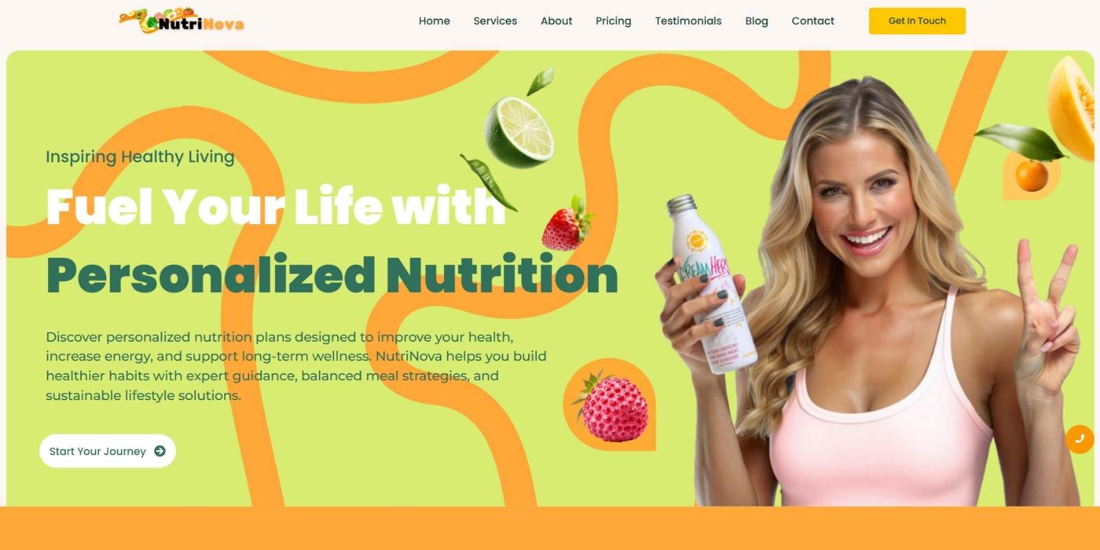 Modern nutrition and wellness website design featuring personalized diet plans, healthy lifestyle coaching, and wellness services.