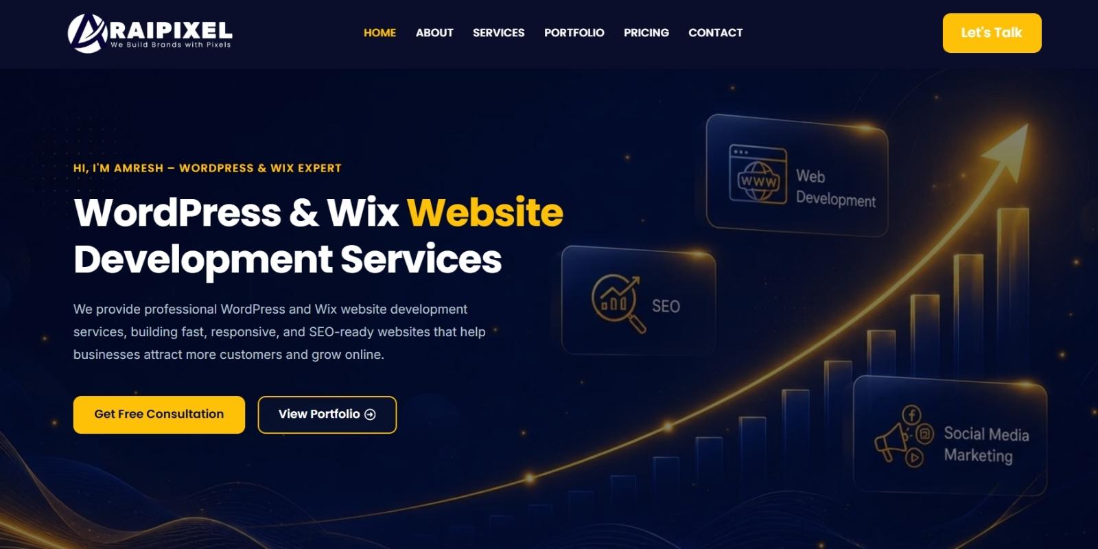 Professional web design agency website offering WordPress and Wix website development services.